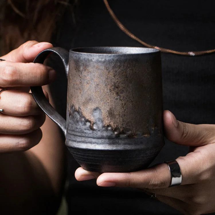 Ceramic coffee cup set, Nordic coarse pottery latte art cup, creative vintage water cup, gilded couple's pair mug