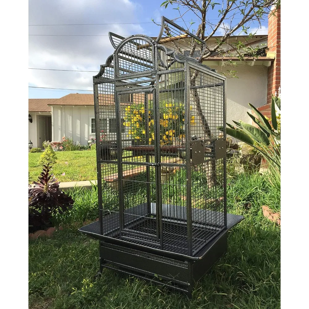 

Large Elegant Wrought Iron Open Dome Play Top Bird Parrot Cage, Include Metal Seed Guard Solid Metal Feeder Nest Doors