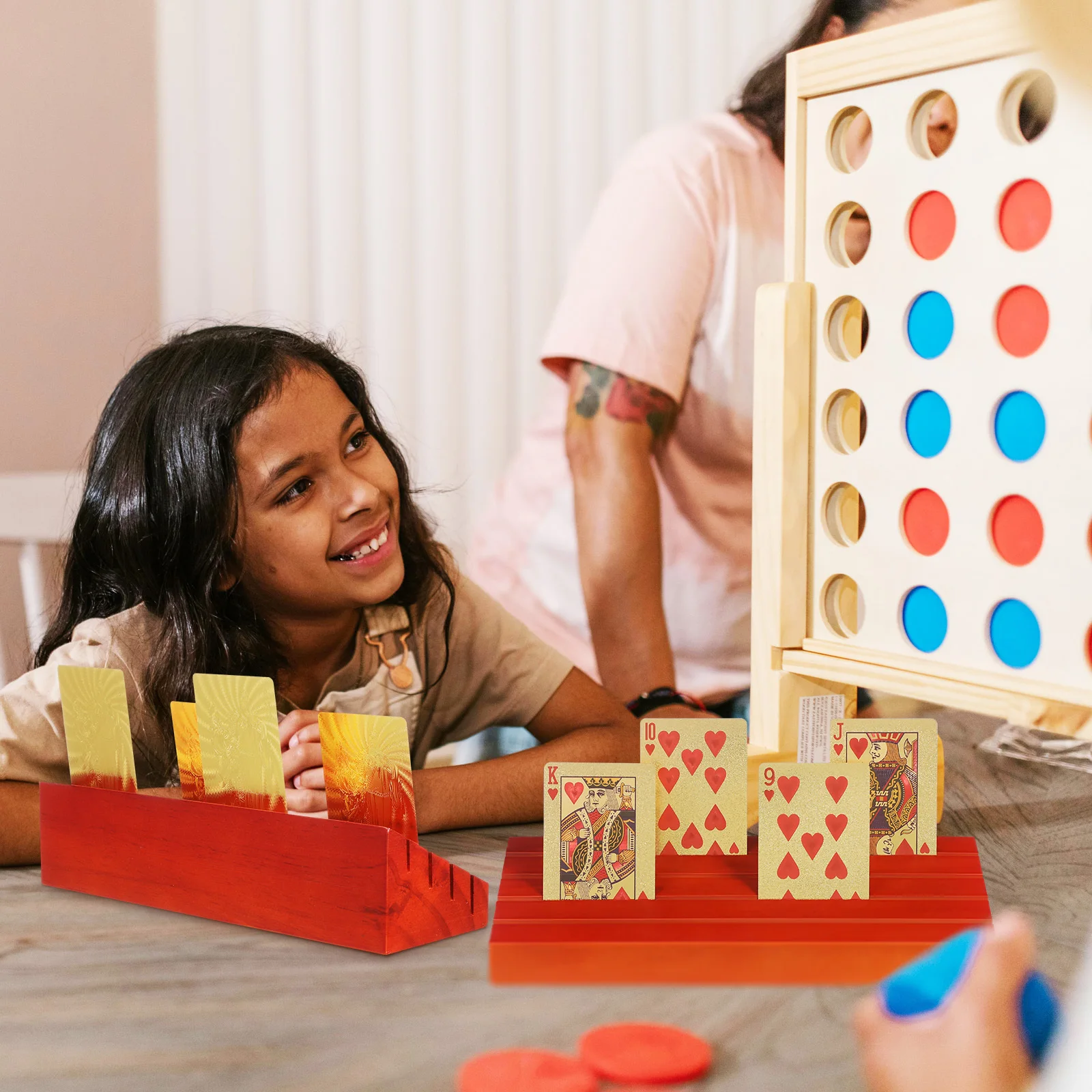 

2Pcs Wooden Card Holder Slotted Playing Card Stand Bridge Game Display Tray Vertical Organizer Tabletop Gaming Cards Stand