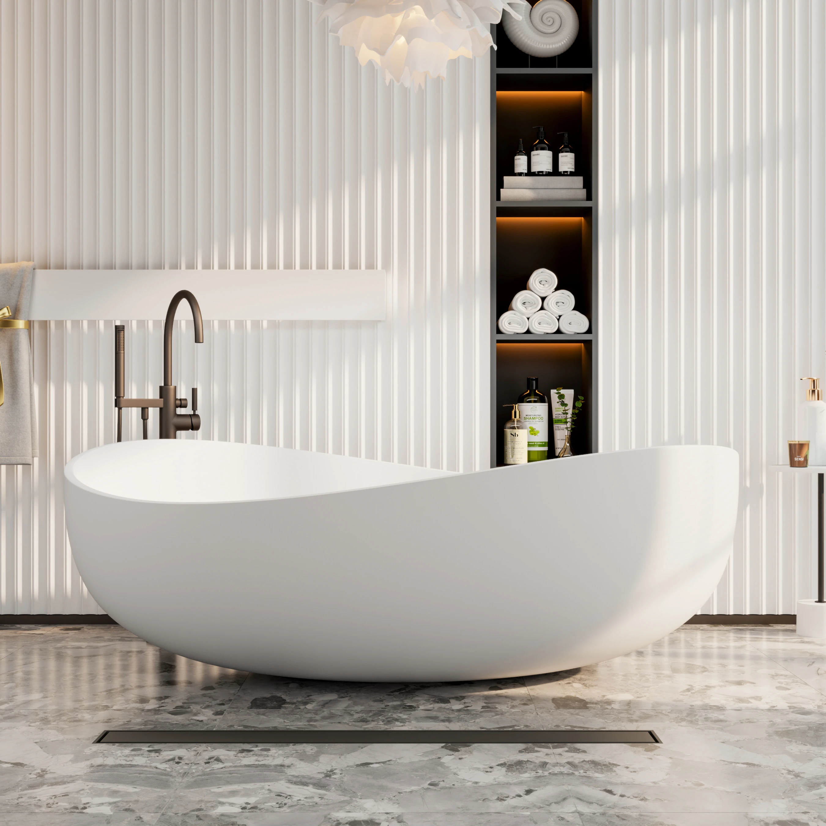 

BathtubModern GM-8015 Solid White Resin Stone Freestanding Bathtub 1.8m Soaking Drainer 3 Years Warranty 1 Pcs