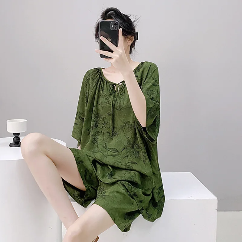 Cotton Silk Pajamas Sets Women's Summer Short-sleeved Tops Shorts Pants 2PCS Large Size Print Sleepwear Set Thin Loungewear Suit 6