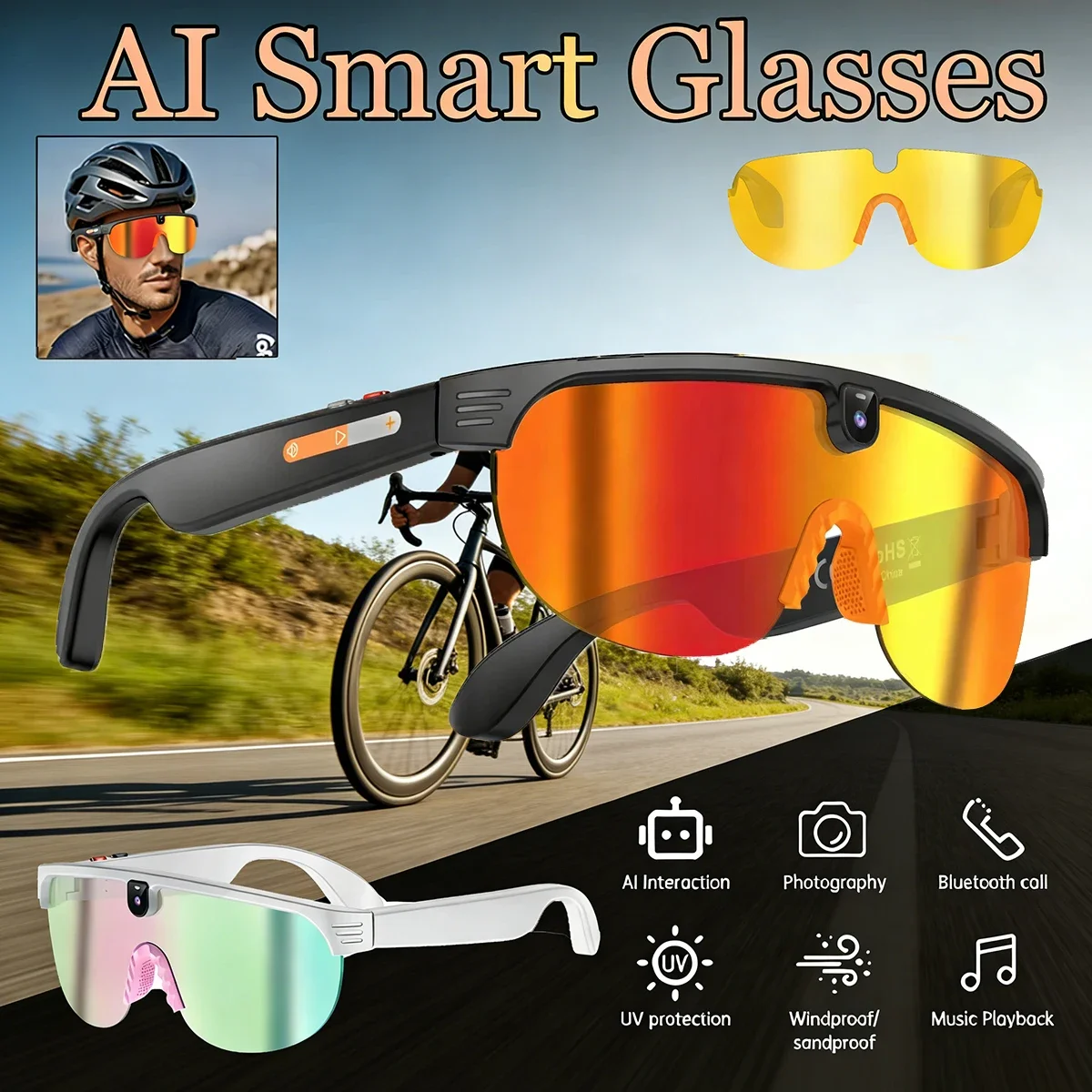

AI Smart Cycling Glasses for Men with 800W Camera 4K HD Video Translation Call Music Sunglasses Color Change Sports Glasses