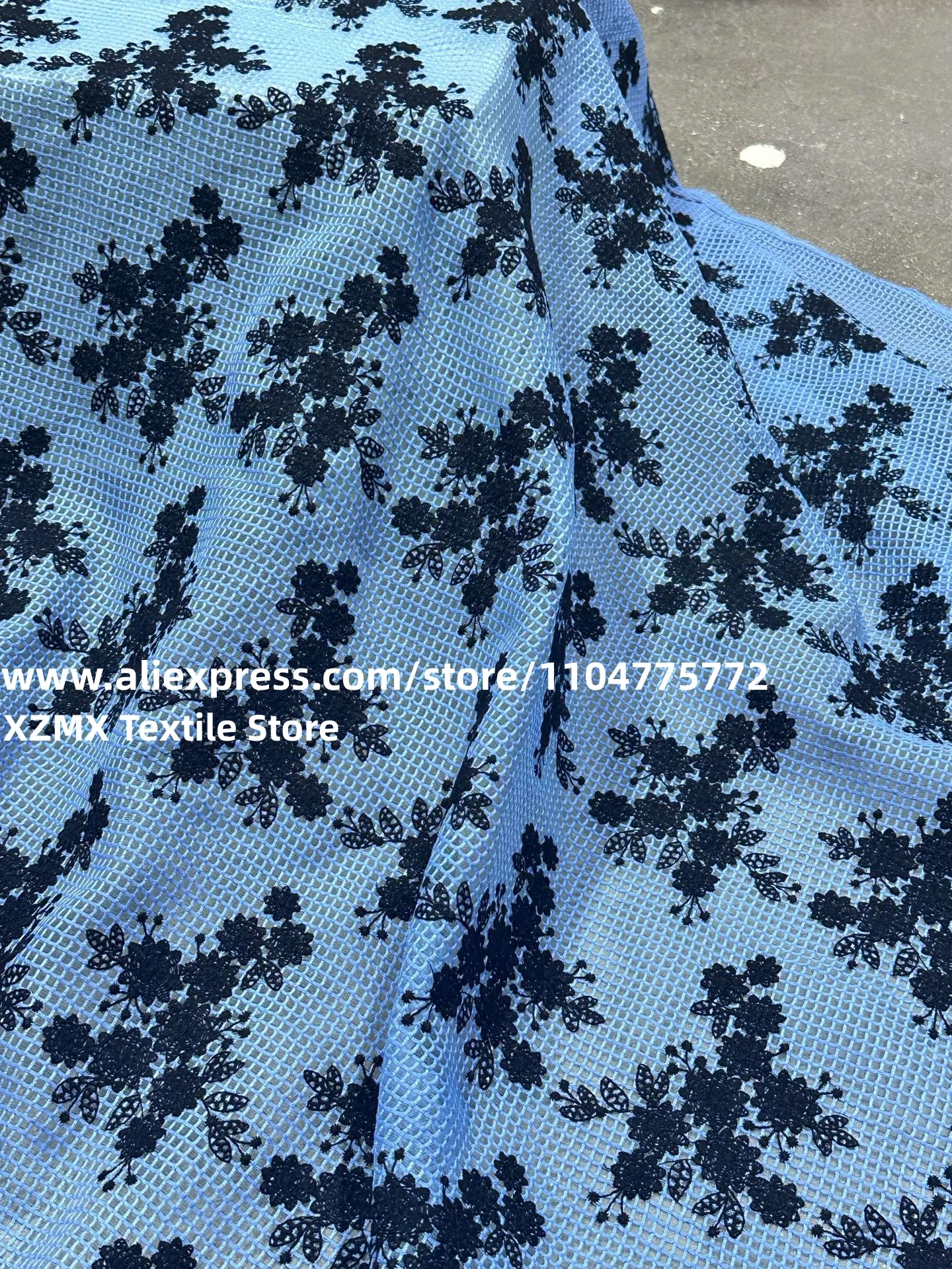 Floral Embroidered Grid Mesh Fabric, Breathable Blue Square Net with Black Flower Motif for Apparel Sewing Projects