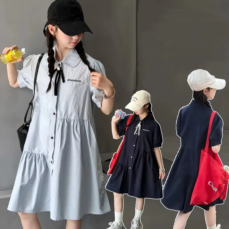 Girls Summer Dress Girls Clothing Toddler Kids Outfits Fashion College Style Shirt Short Sleeve Dress Casual Chic Long Dress