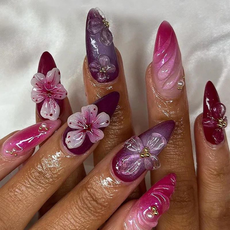 Press on Nails Medium Almond Pink Gradient Fake Nails Full Cover 5D Flower False Nails with Pearl Designs Glossy Glue on Nails