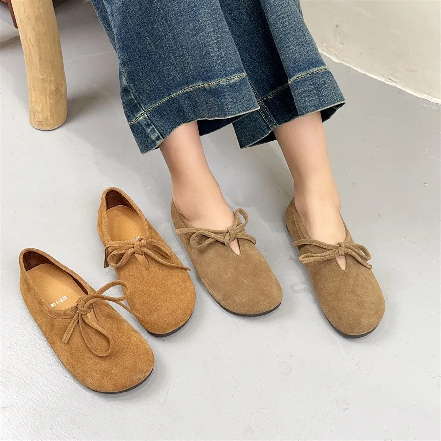 

Birkuir Retro Flats Heel Women Shoes Suede Leather Round Toe Lace Up Boat Shoes 2025 Elegant Luxury Comfort Lazy Casual Shoes