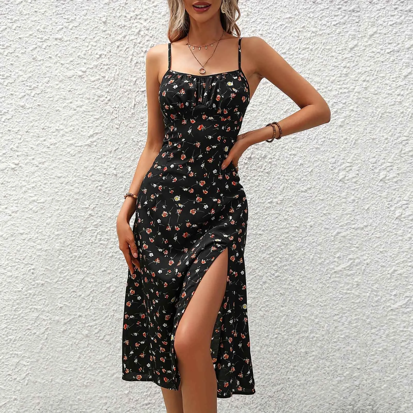 Vestido Halter Floral de estilo bohemio para mujer, correa de hombro delgada, abertura en la cintura, vestido Sexy delgado de encaje adelgazante, temperamento para personas mayores