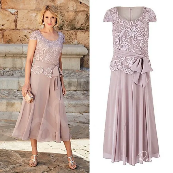 Customized Dusty Rose Pink Plus Size Mother Of The Bride Dress With Short Sleeves Jewel Tea-Length Groom Suits Gowns For Wedding