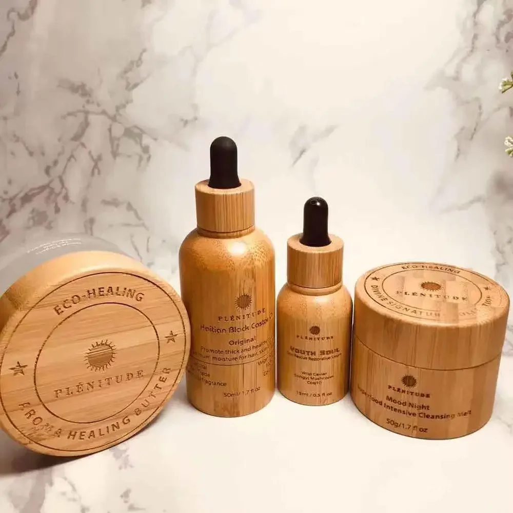 Natural eco Bamboo Cosmetic Packaging bamboo essential oil perfume Bottles Hemp CBD oil Cream Bottle with Bamboo Wrapped Dropper