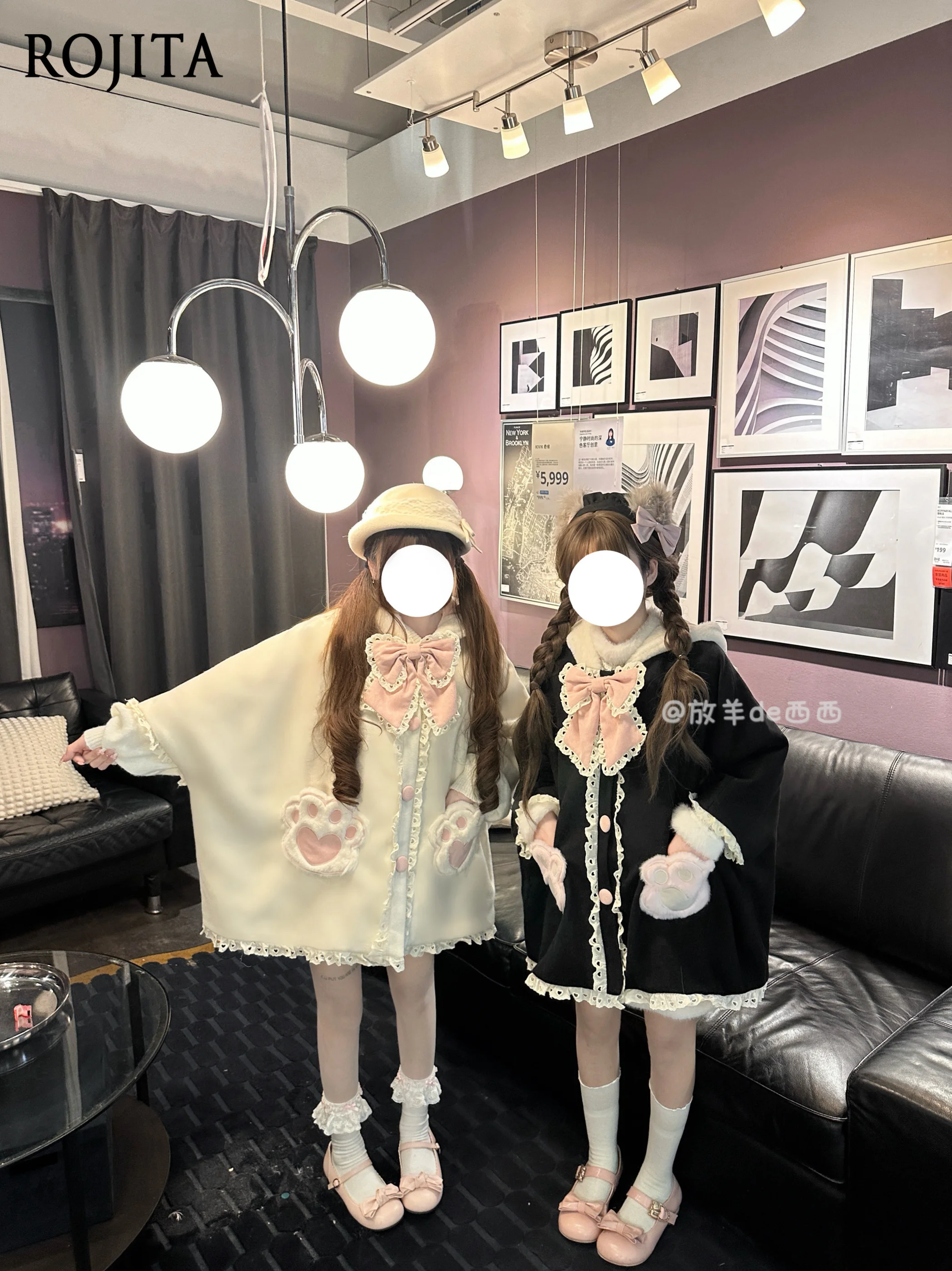 

Batwing Sleeve Woolen Cape Soft Girl Autumn Winter Cute Coat Overcoat Fleece-lined Version Black and Pink Cape Dress Women