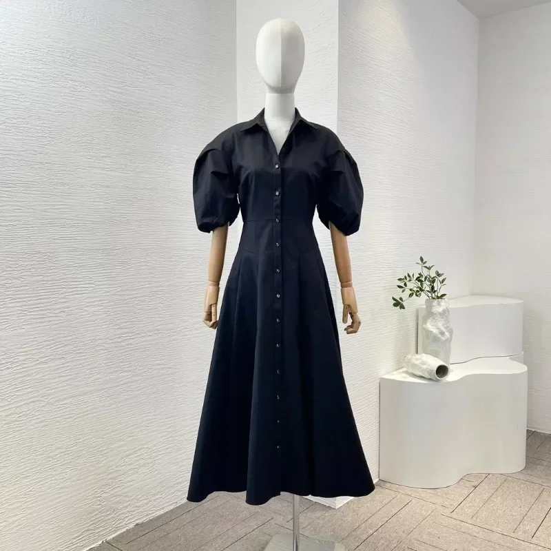 Women Vintage Midi Dress Black/Apricot Short Puff Sleeve Casual Shirt Dresses 2024 Summer New Top High Quality