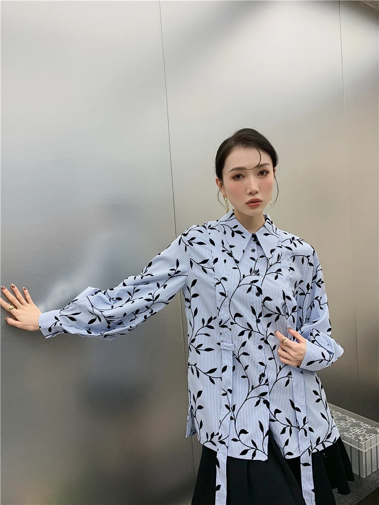 CHEERART Blue Striped Floral Print Long Sleeve Button Up Shirt For Women Ribbon Fashion Blouse 2023 Fashion Spring Designer Top