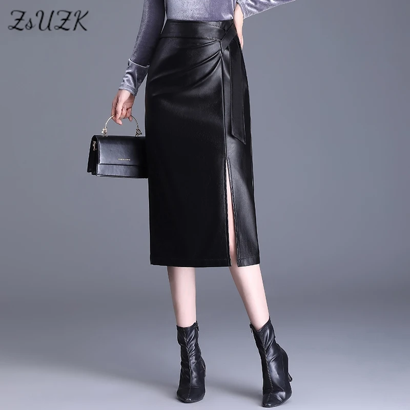 ZUZK Chic Bodycon PU skórzane spódnice jesienno-zimowa damska wysokiej jakości rozcięcie prosta spódnica PU modna spódnica420405