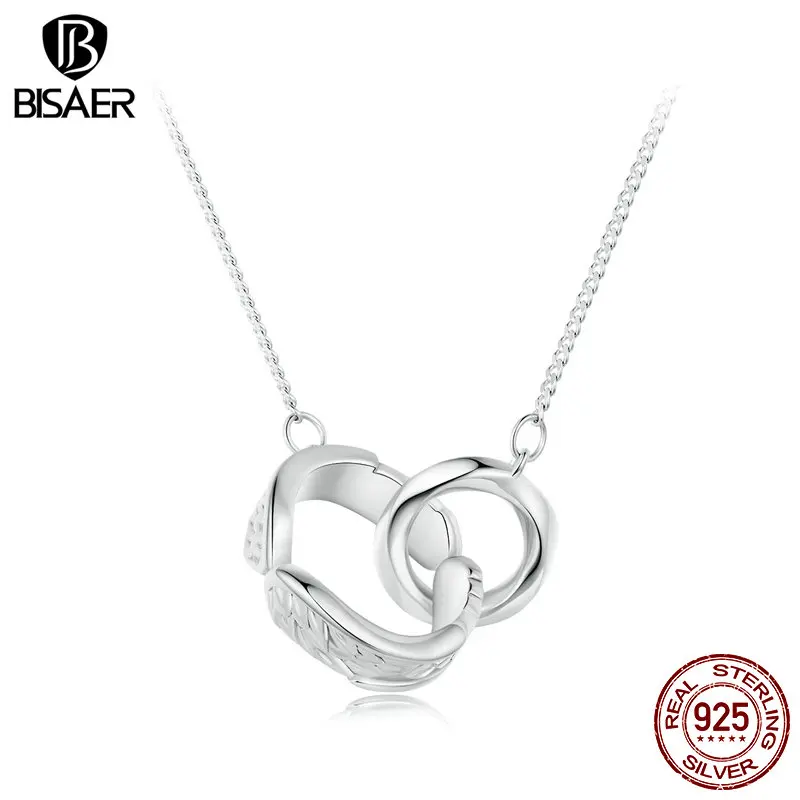 BISAER 925 Sterling Silver Mobius Necklace with Double Ring Pendant Necklace Plated Platinum for Luxury Woman Party Fine Jewelry