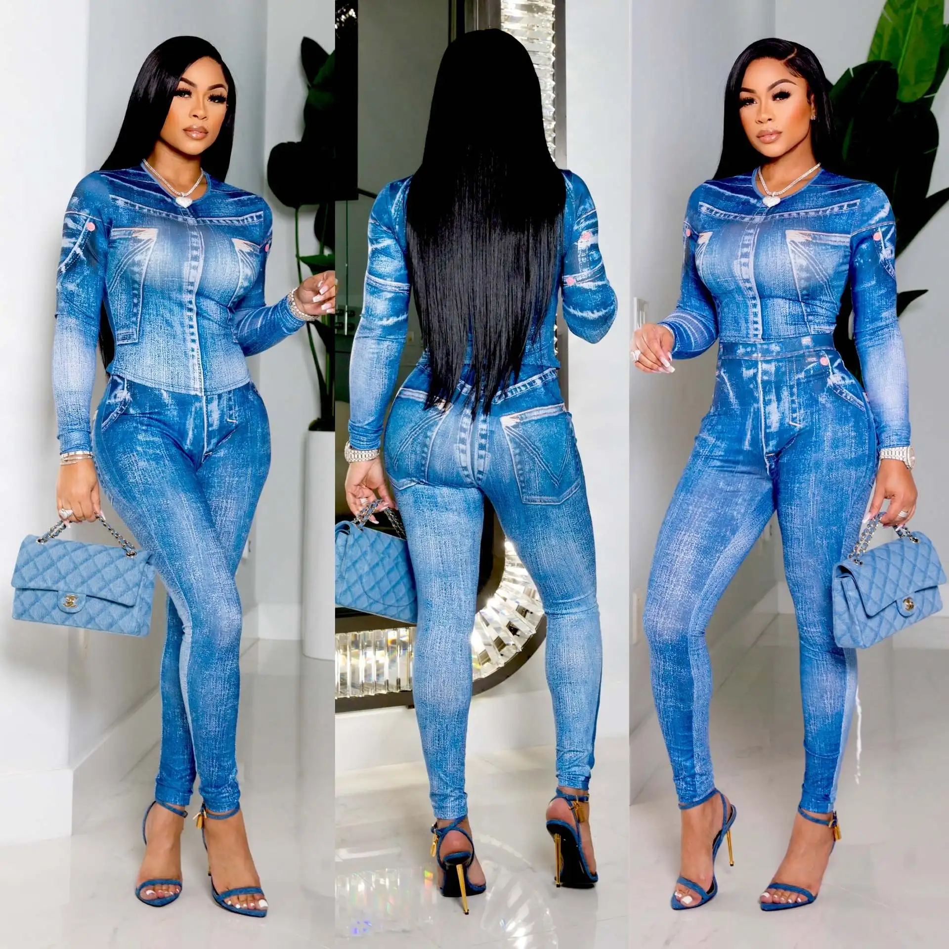 

AOSKM2023 New Spring And Summer K7151 Sexy Nightclub Jeans Printed Long-Sleeved Pants Show The Fashion Casual Ladies Pants Suit