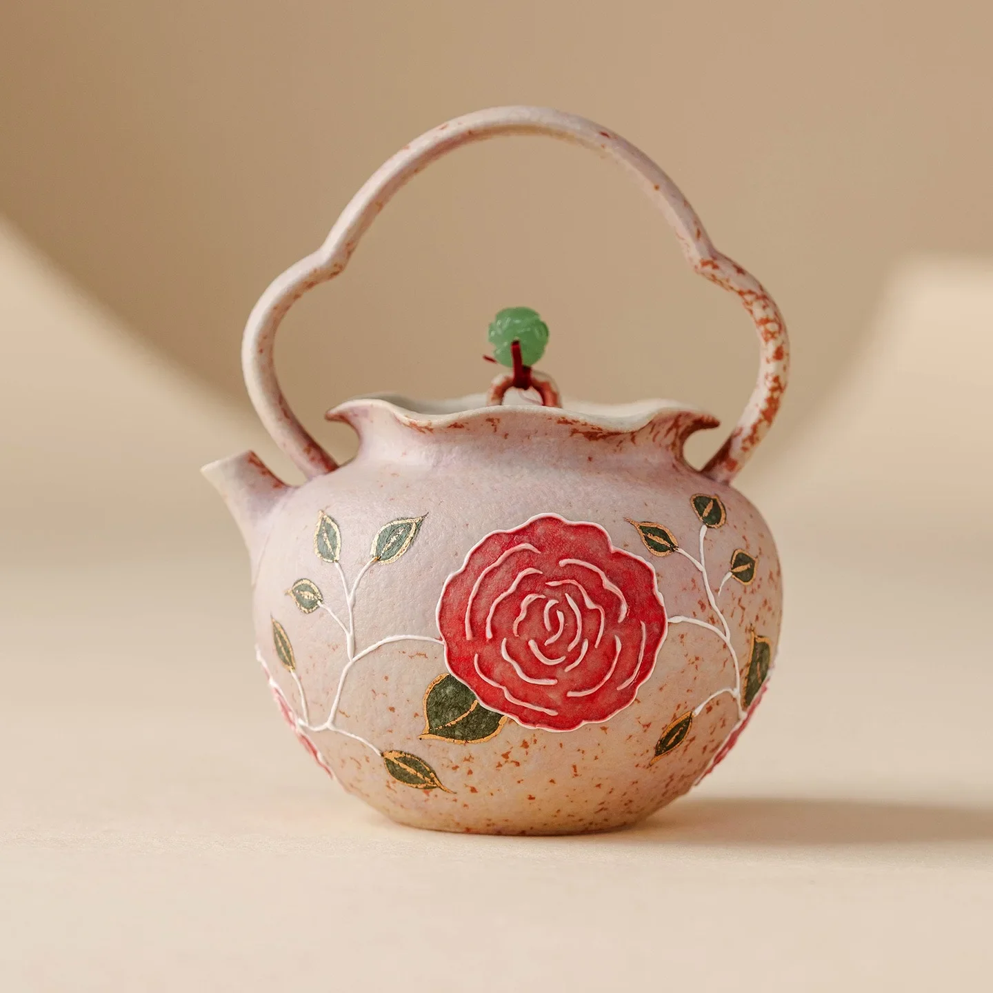 1PC Hand-painted Gold-painted Rose Teapot To Make Tea Household Beam Pot Ceramic Teapot Flint Red Drinking Teacup Kung Fu TeaSet