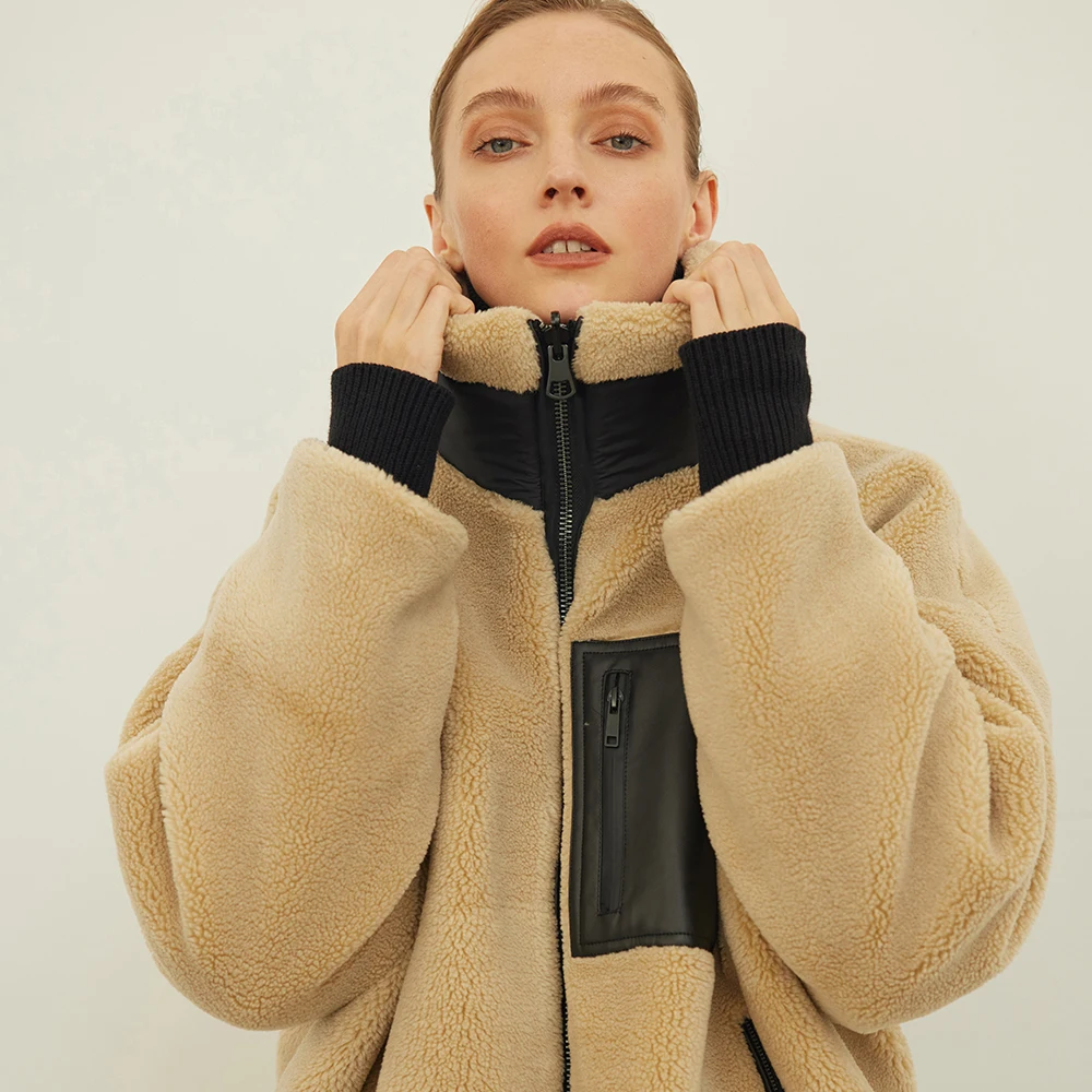 Turtleneck mkyn, jacket-cardigan with zipper, street warm insulated outerwear from artificial fur