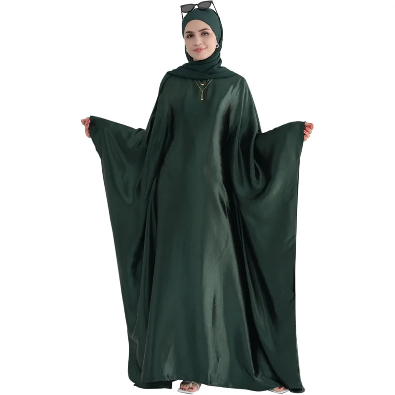 

Abaya Muslim Dress Women Satin Prayer Dress Batwing Long Sleeve Middle East Arabian Robe with Hijab