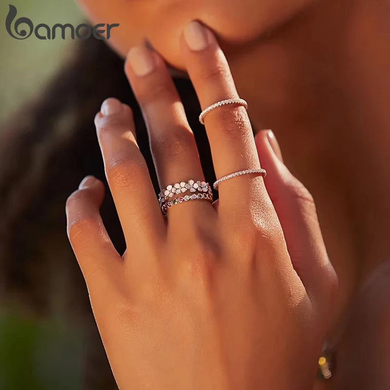 BAMOER cincin jari karangan bunga merah muda perak Sterling 925 untuk hadiah ulang tahun wanita hadiah Hari Valentine perhiasan halus romantis manis 3 warna