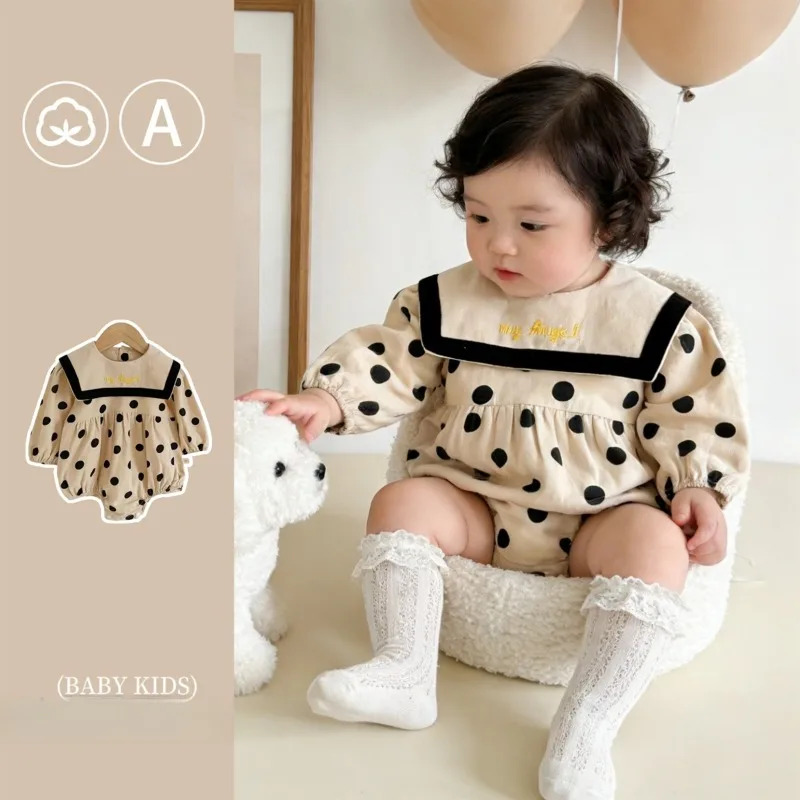 ZOETOPKID Newborn Baby Girls Rompers Square Sailor Collar Polka Dots Print Jumpsuit Clothes Newborn Girls Overalls