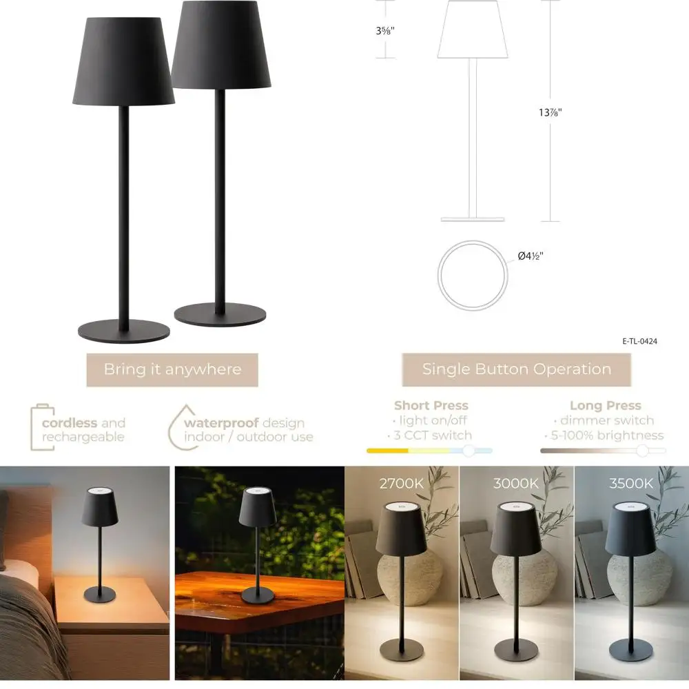 

Беспроводная настольная лампа с зарядкой через USB-C, аккумулятор 5200 мАч, 3 цветовые температуры, сенсорное управление, регулируемая высота, комплект из 2 штук