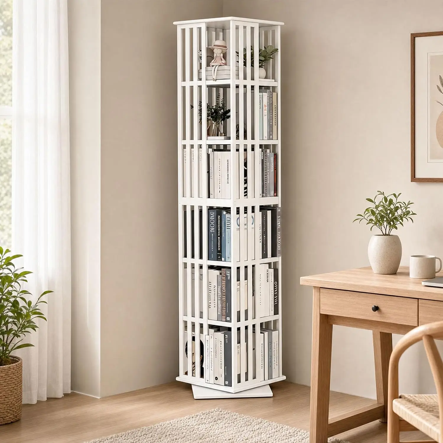 6 Tier Bamboo Rotating Bookshelf Tower Revolving Bookcase Storage Organizer Home Office, Customized