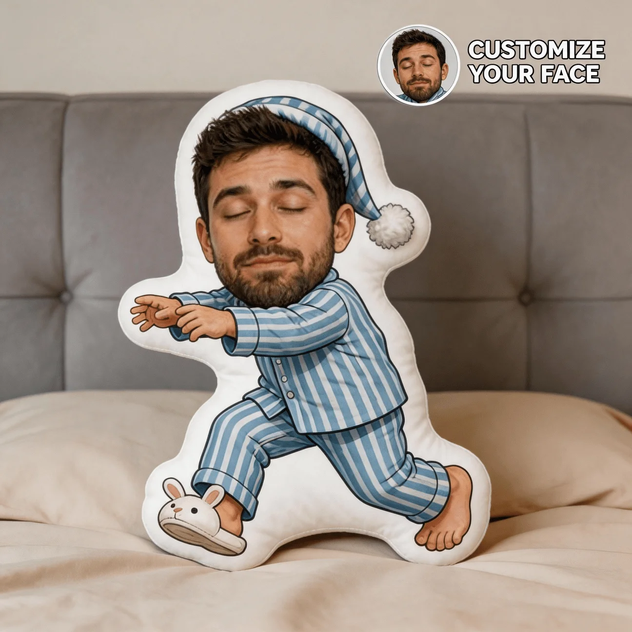 Custom Face Funny Shaped Pillow, Personalized Photo Customization: Sleepy for Man in Blue Striped Pajamas Decorative Cushion wit