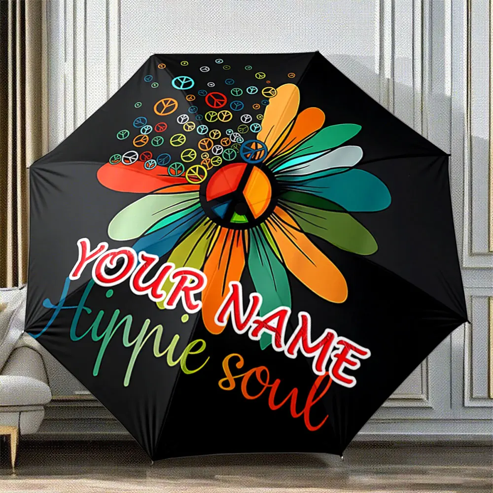 Custom Name Umbrella Customizable Hippie Soul Umbrella with Peace Sign Flower Design Portable Folding Umbrella,Christmas Gift