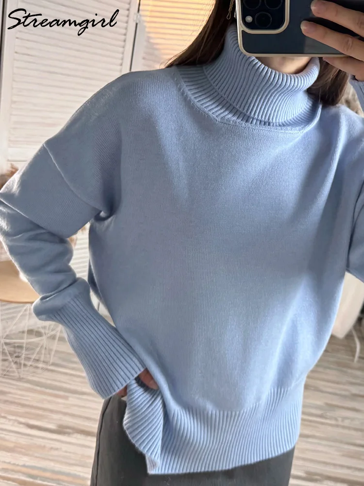 Women Turtleneck Sweaters Oversize Simple Knit Jumpers White Warm Thick Pullovers Autumn Ladies Oversized Sweater Winter Women