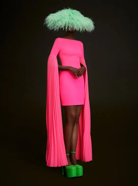 فستان حفلات قصير بأكمام طويلة قابل للطي موديل 2025 فستان حفلات قصير باللون الفوشيا فساتين نسائية قصيرة قابلة للتمدد باللون الوردي الساخن