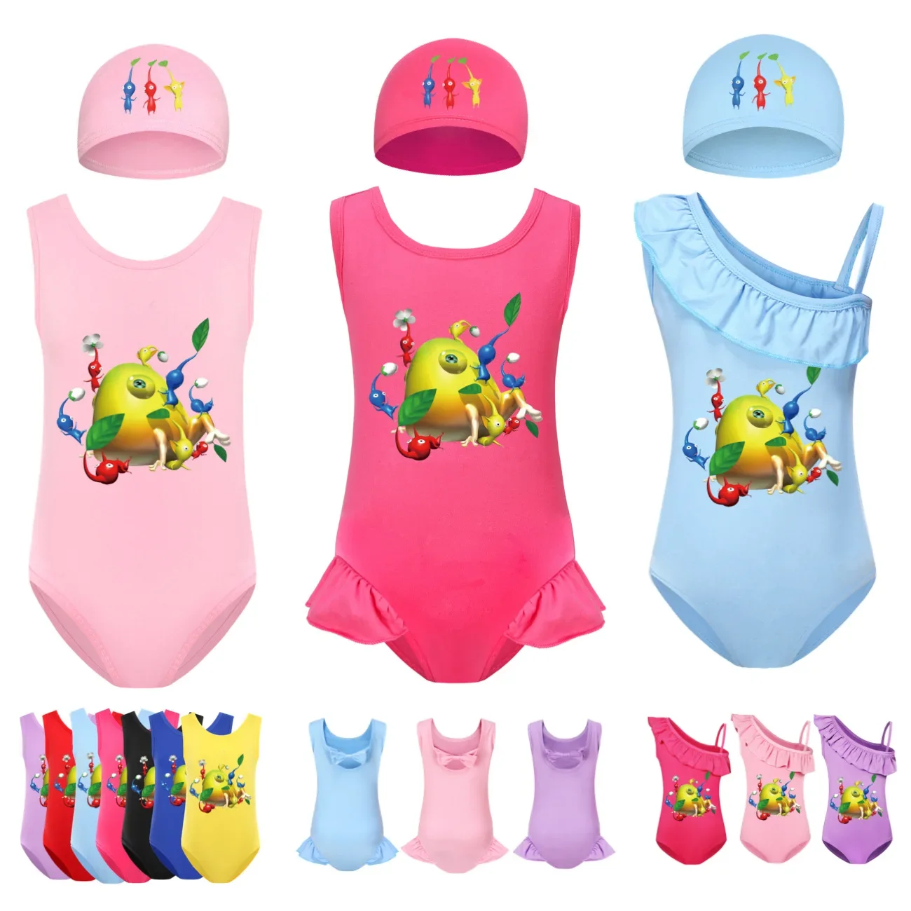 Girls Swimsuit New One Piece Swimwear Pikmin  wiki Children's Swimwear Toddler One Piece Swimsuit with cap 2-14 Years 3270