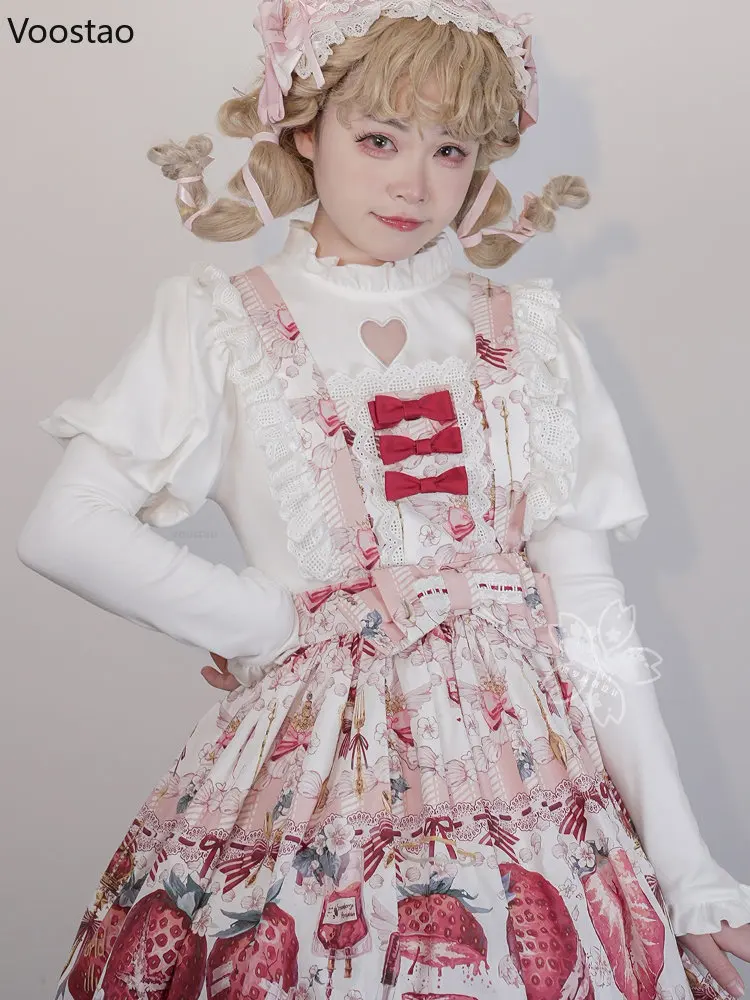 Słodki styl Lolita koszula kobiety śliczne ciepłe Ruffles O-Neck drążą miłość serce słodkie bluzki dziewczyny Harajuku Gothic Y2K wewnątrz topy