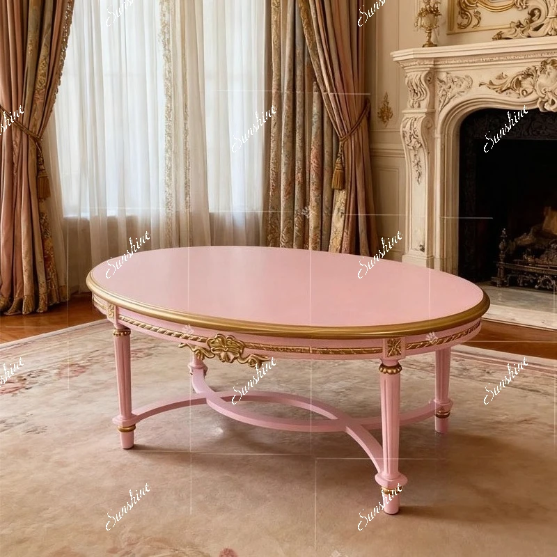 

French solid wood pink oval coffee table luxury villa living room palace carving customization