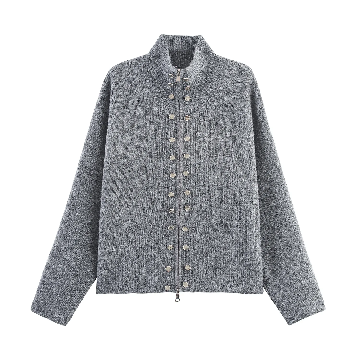 

European And American Fashion Multi-Buckled Zipper Knitted Open Cardigan Bestseller For Women's Tops