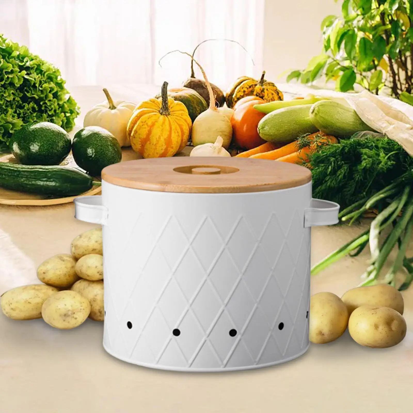 Kitchen Canister with Bamboo Lid Carbon Steel Vegetable Storage Tin for Potato Onion Garlic Farmhouse Aeration Holes