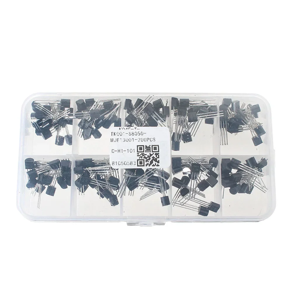 200 개/상자 10 값 NPN PNP 트랜지스터 키트 S8050 S8550 2N3904 S9012 S9013 S9014 2N3906 C1815 A1015 MJE13001 트랜지스터 세트