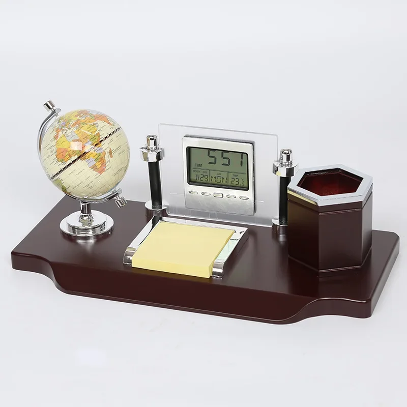 Solid wood with sticky note globe, clock table practical office ornament, business gift with pen holder