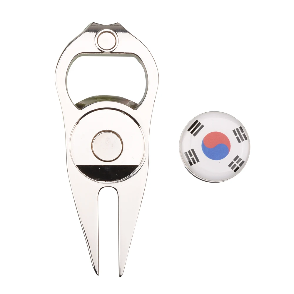 Golf Divot Tool Golf Putting Green Repair Fork With Korea Flag Ball Marker Pitchfork Durable Beer Bottle Opener