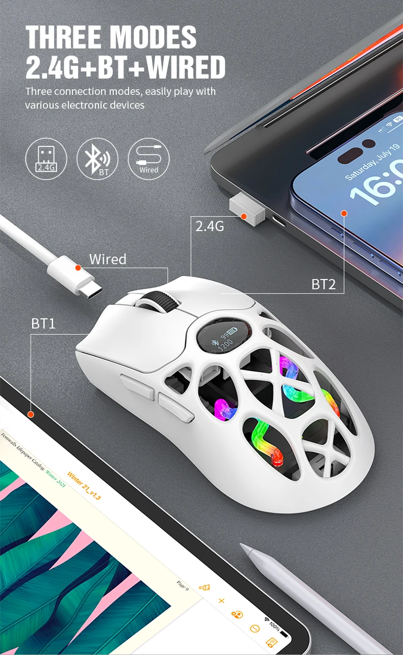 XUNFOX H16PRO Mouse, lightweight S205, Three-Mode Wireless Bluetooth Mouse for Gaming, Charging, RGB Lighting, Suitable for P