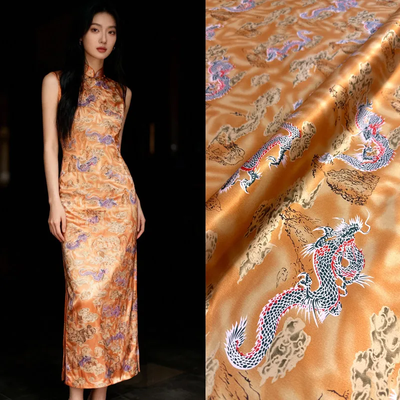 

114cm Wide 16.5mm Chinese Style Dragon Print Mulberry Silk Crepe Plain Fabric For Diy Summer Dress Blouse Pants Pajamas R1705