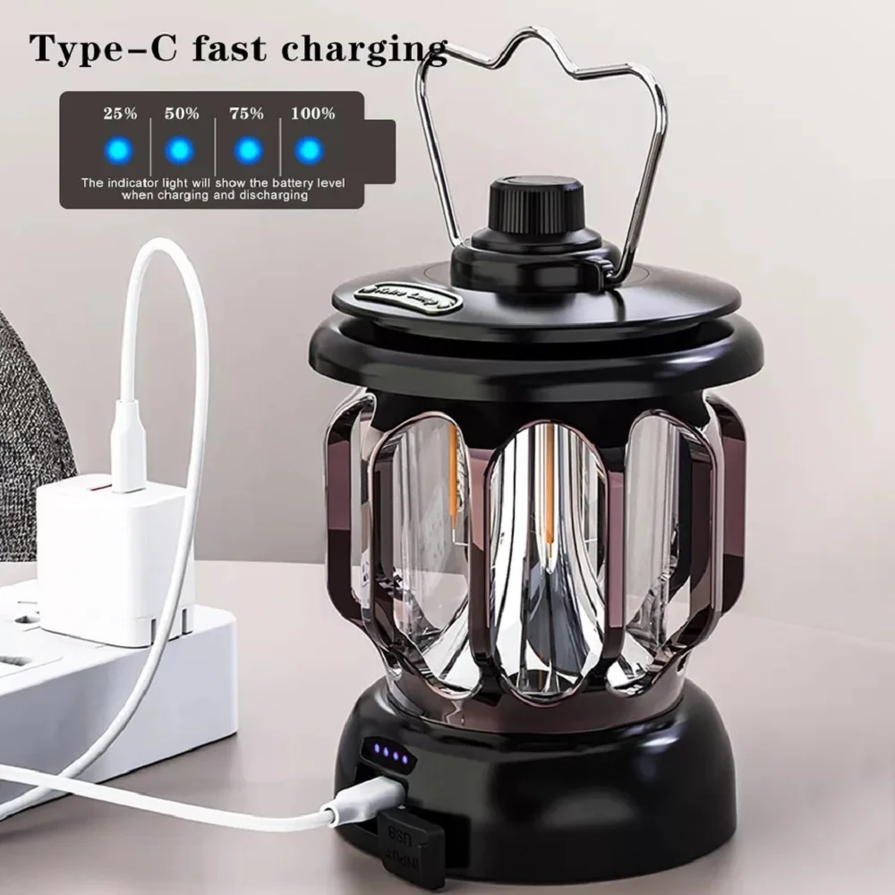 2023 New Portable LED Camping Lamp Mini Hanging Retro Camping Lantern 18650 Built-in Battery Rechargeable Dimmable Outdoor Lamp