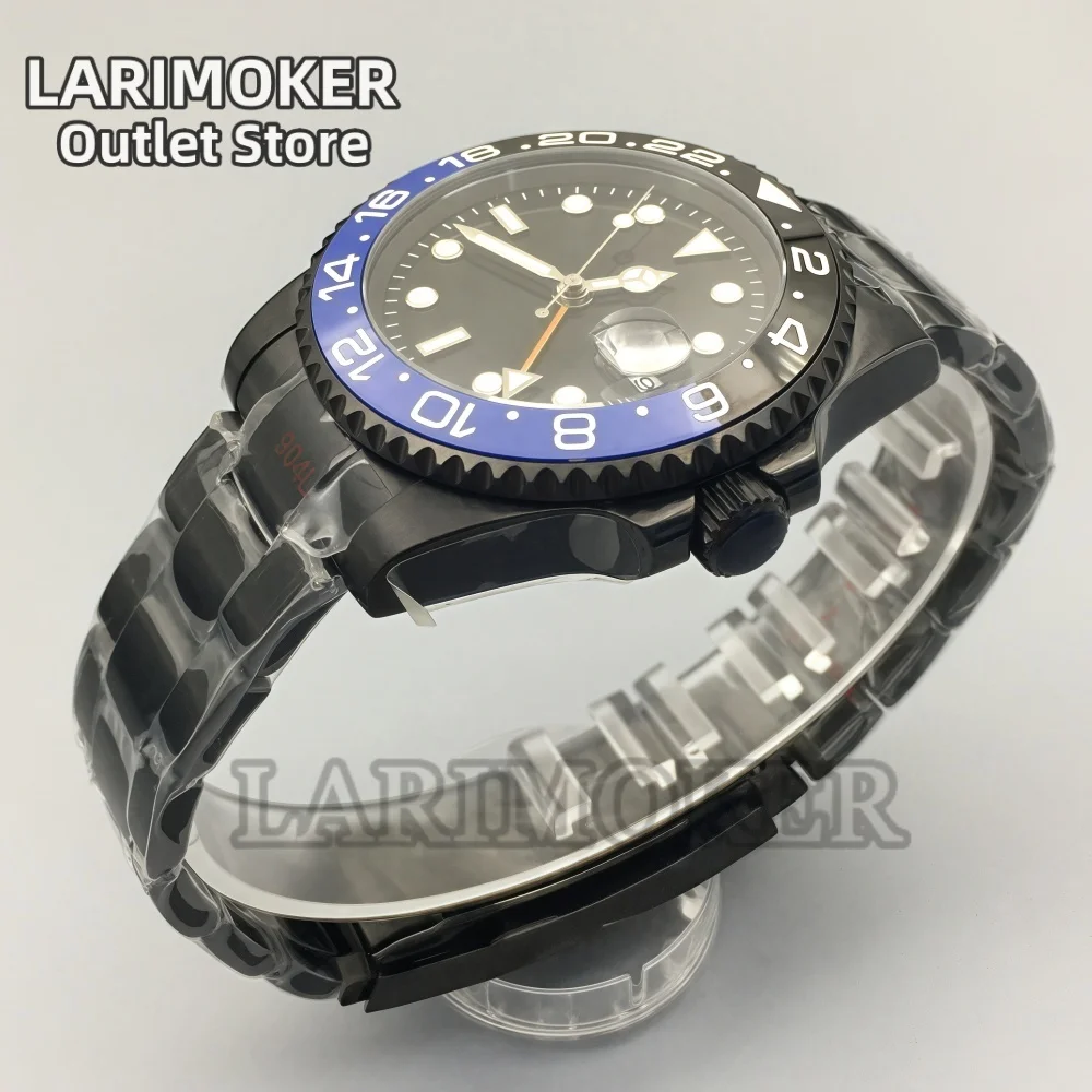 Larimoker 40.5mm nh34 gmt movimento automático masculino moda casual todo-preto relógio de vidro safira verde luminoso à prova dwaterproof água