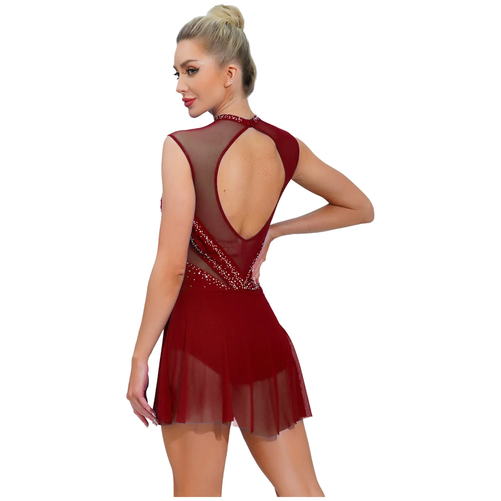 Damen-Kleid mit glänzenden Strasssteinen, für Gymnastik, Eiskunstlauf, Balletttrikot, lyrisches Tanzkostüm, gerüschtes Tanzkleid