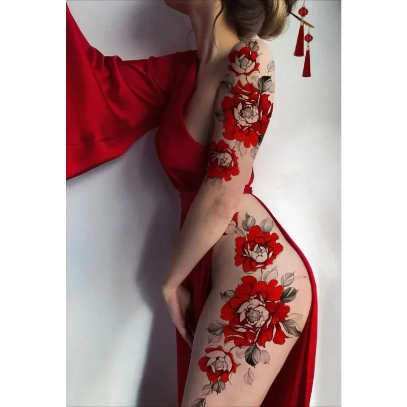 

Red Flower Rose Waterproof Temporary Sexy Body Arm Leg GemTattoo Fashion Big Fake Sleeve Sticker
