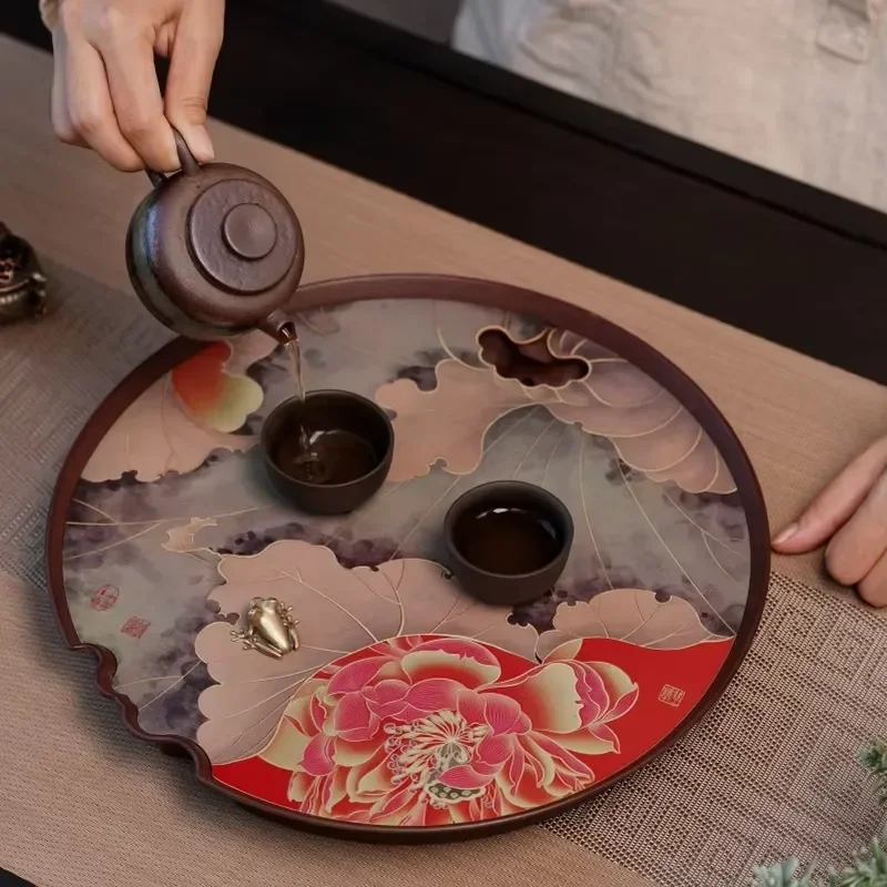 Handmade Copper Tea Tray with Lotus Pond Design Color Burning Finish Dual Purpose Storage and Drainage Zen Chinese Style Tea