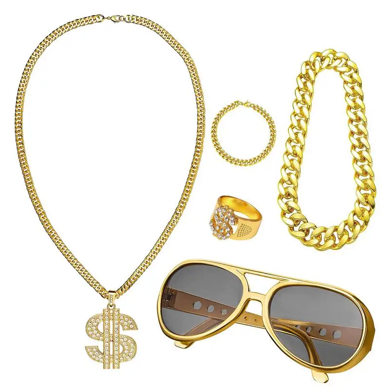 80S 90S Costume Accessory Set Hip Hop Costume Kit Gold Sunglasses Necklace Ring and Rapper Gold Chain