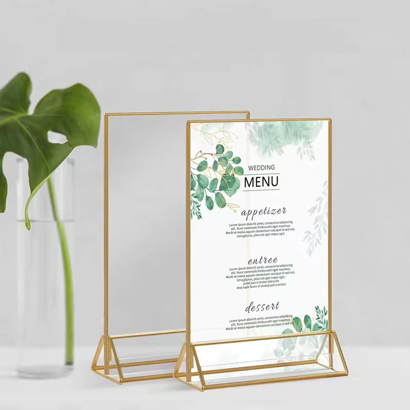 Acrylic Gold-Edged Triangular Table Card Display Stand Double-Sided Transparent Frame for Tabletop Signage Card Holder