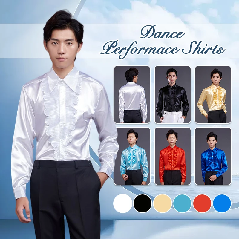 

New Men Solid Color Dance Shirt Competition Performance Ballroom Modern Salsa Tango Samba Latin Top Men Boys Dancewear