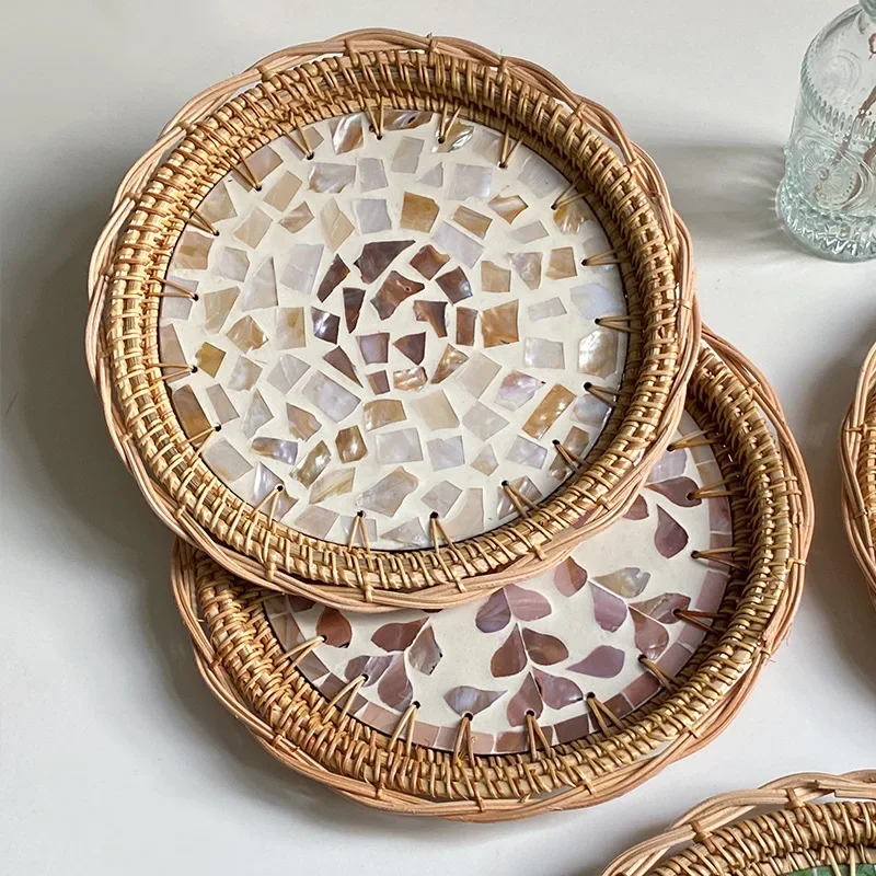 AhunderJiaz Rattan Round Shell Colorful Storage Tray Tabletop Display Tray Handmade Artwork Home Decoration