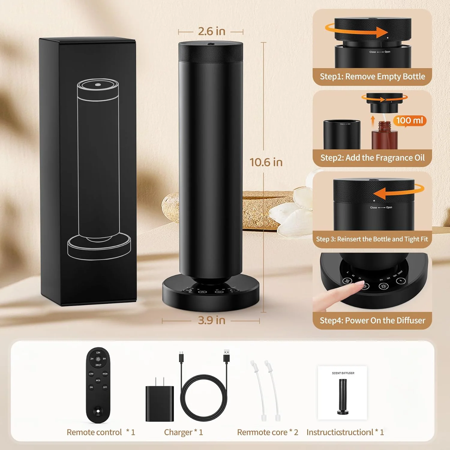 Versatile anhydrous aromatherapy diffuser with remote controlled ambient light and 4000 mAh long lasting built-in battery life